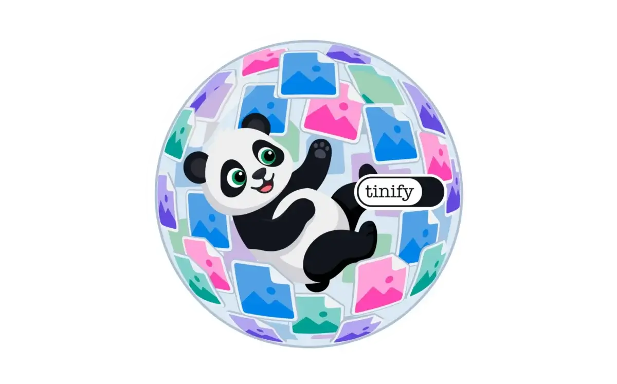 George the Panda surrounded by compressed images illustrating image optimization and file size reduction.